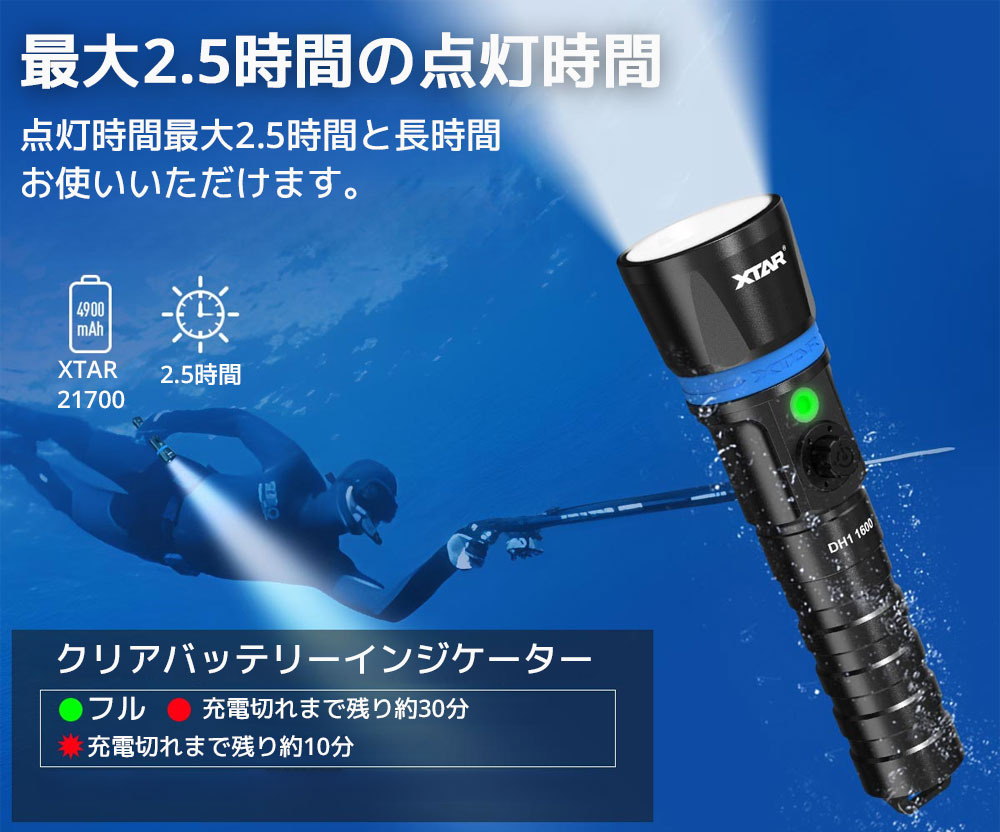 XTAR DH1 ダイビングLEDライト LED 懐中電灯 水中 IPX8 1600ルーメン