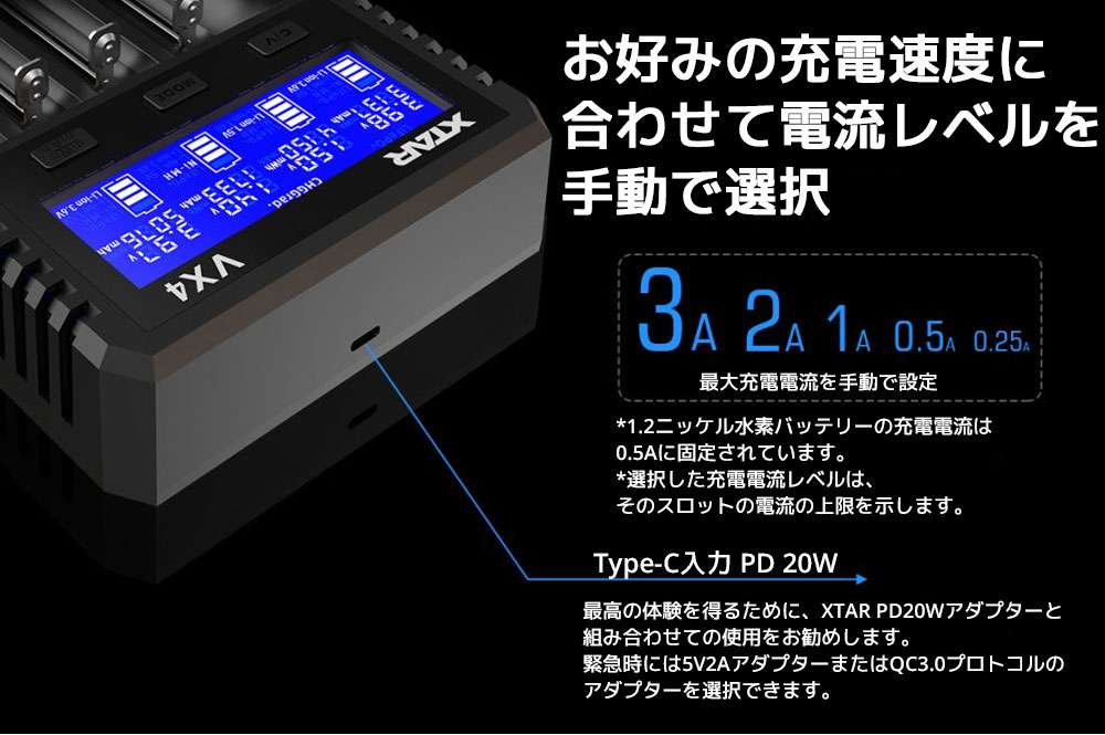 XTAR（エクスター） XTAR VX4 リチウムイオン充電器 混合充電 1.5