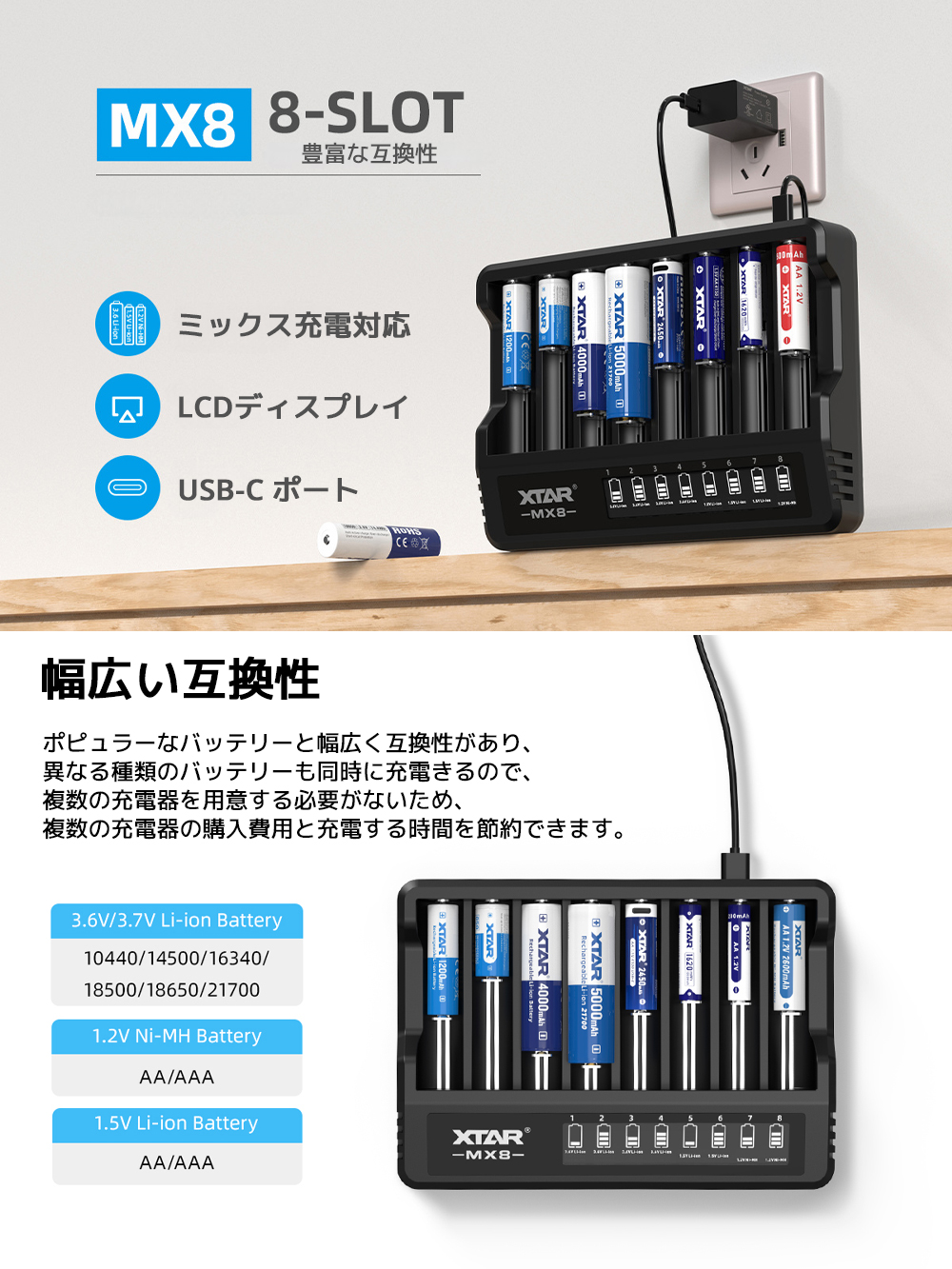 XTAR（エクスター） XTAR MX8 リチウムイオン電池 充電器 8本 1.5V 3.6