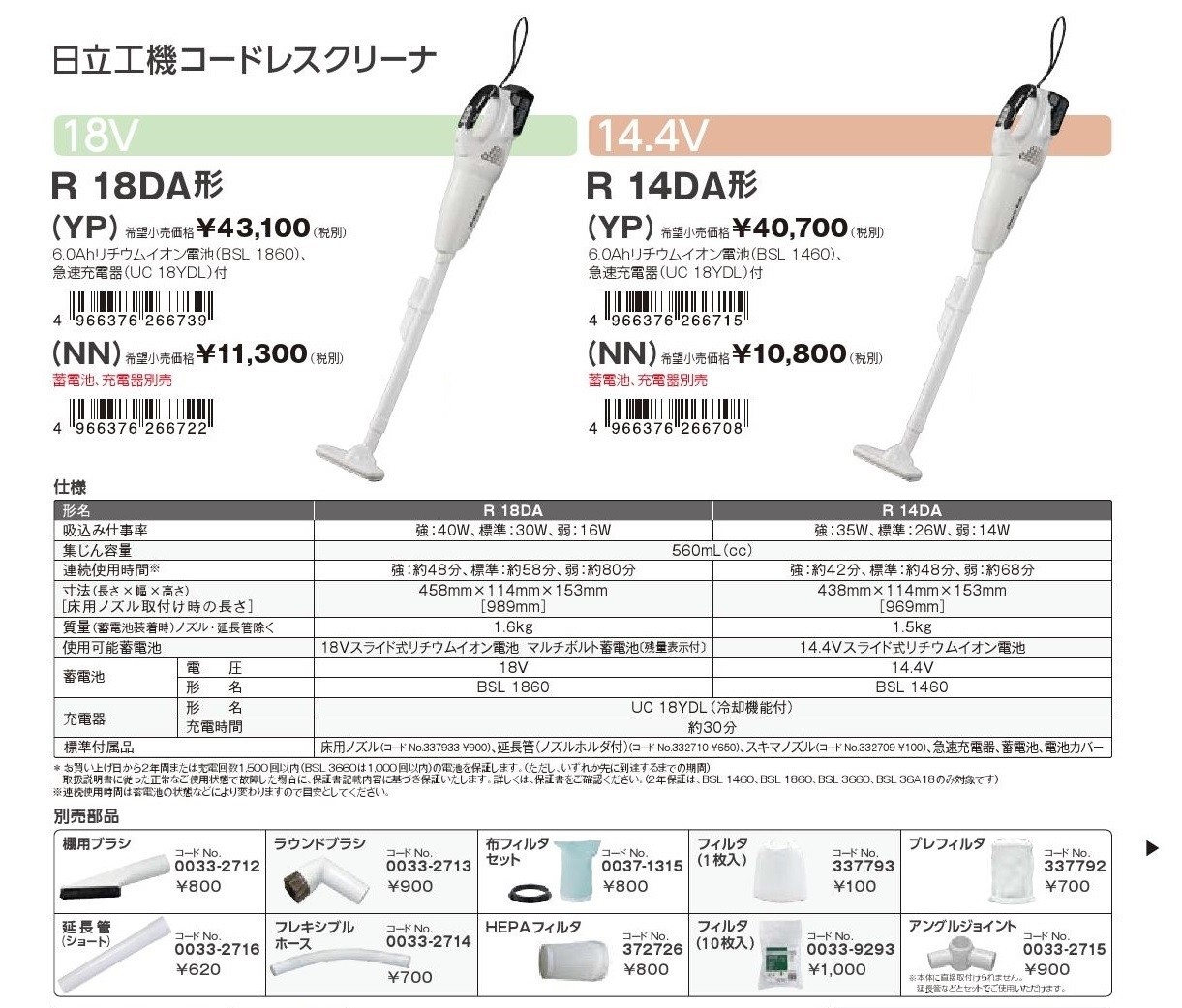 HIKOKI コードレスクリーナー 14.4V パネルスイッチタイプ R14DA(YP