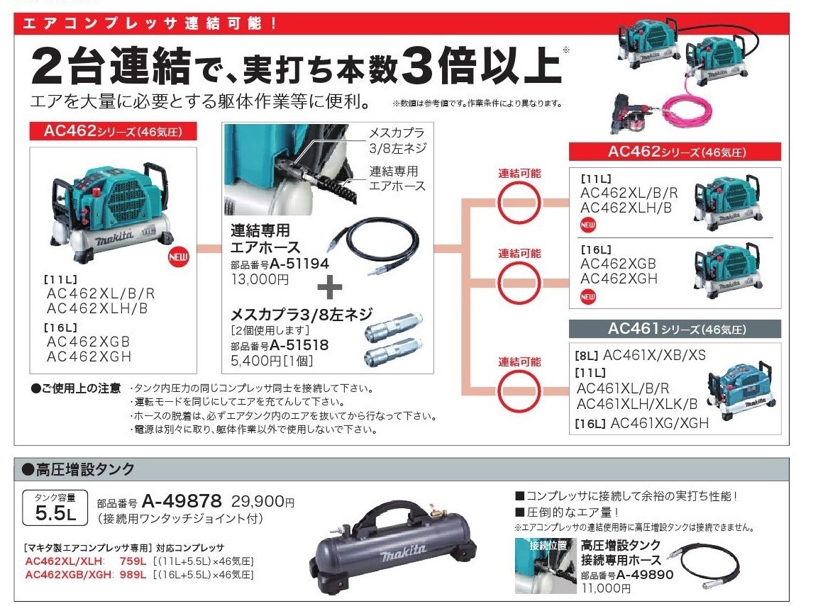 マキタ エアコンプレッサ高圧増設タンク接続専用ホース A-49890