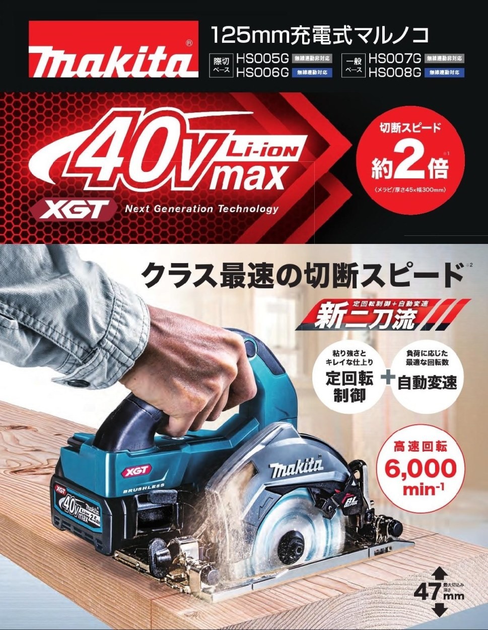 マキタ HS001GRDXB 165mm 40V 充電式マルノコ (鮫肌チップソー付