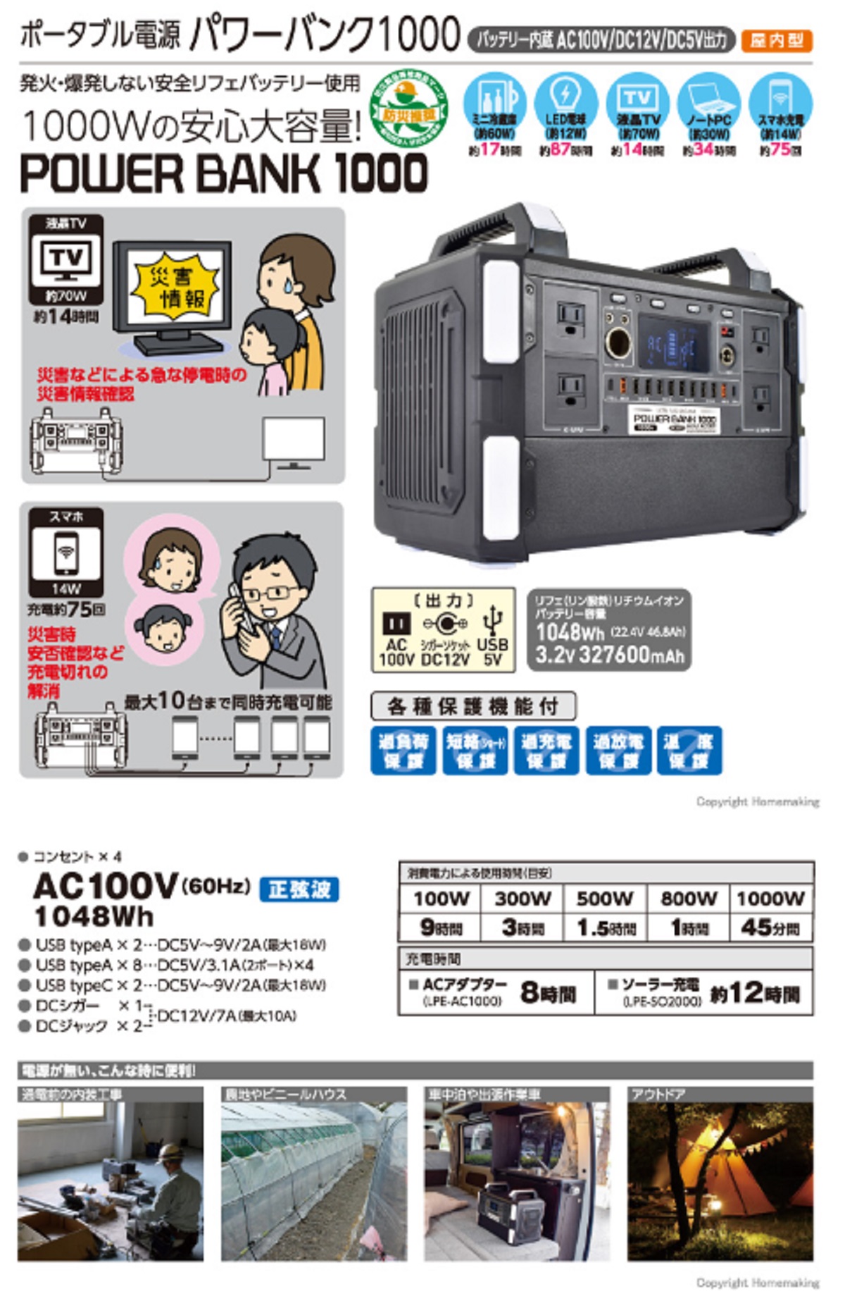 日動工業 ポータブル電源 パワーバンク LPE-R1000L : lper1000l : 俺の道具 - 通販 - Yahoo!ショッピング