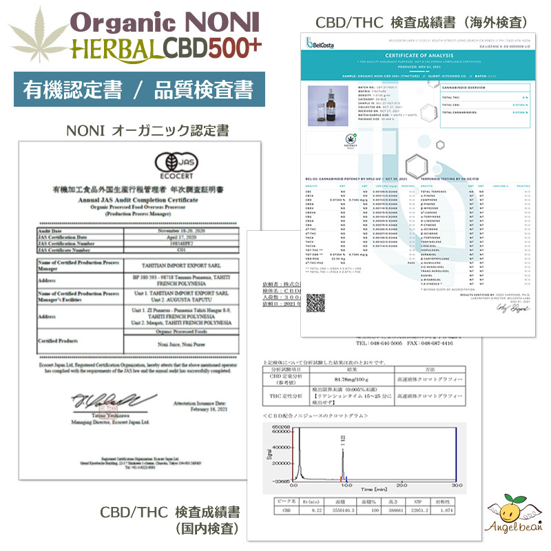 製品の品質と安全性を確保するため、ノニジュースのオーガニック認定および、CBD含有量、THCの残留検査を実施