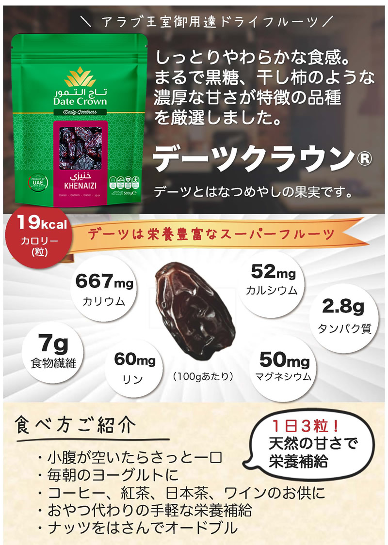 ドライデーツのご紹介。しっとりやわらかな食感で、るで黒糖、干し柿のような濃厚な甘さが特徴