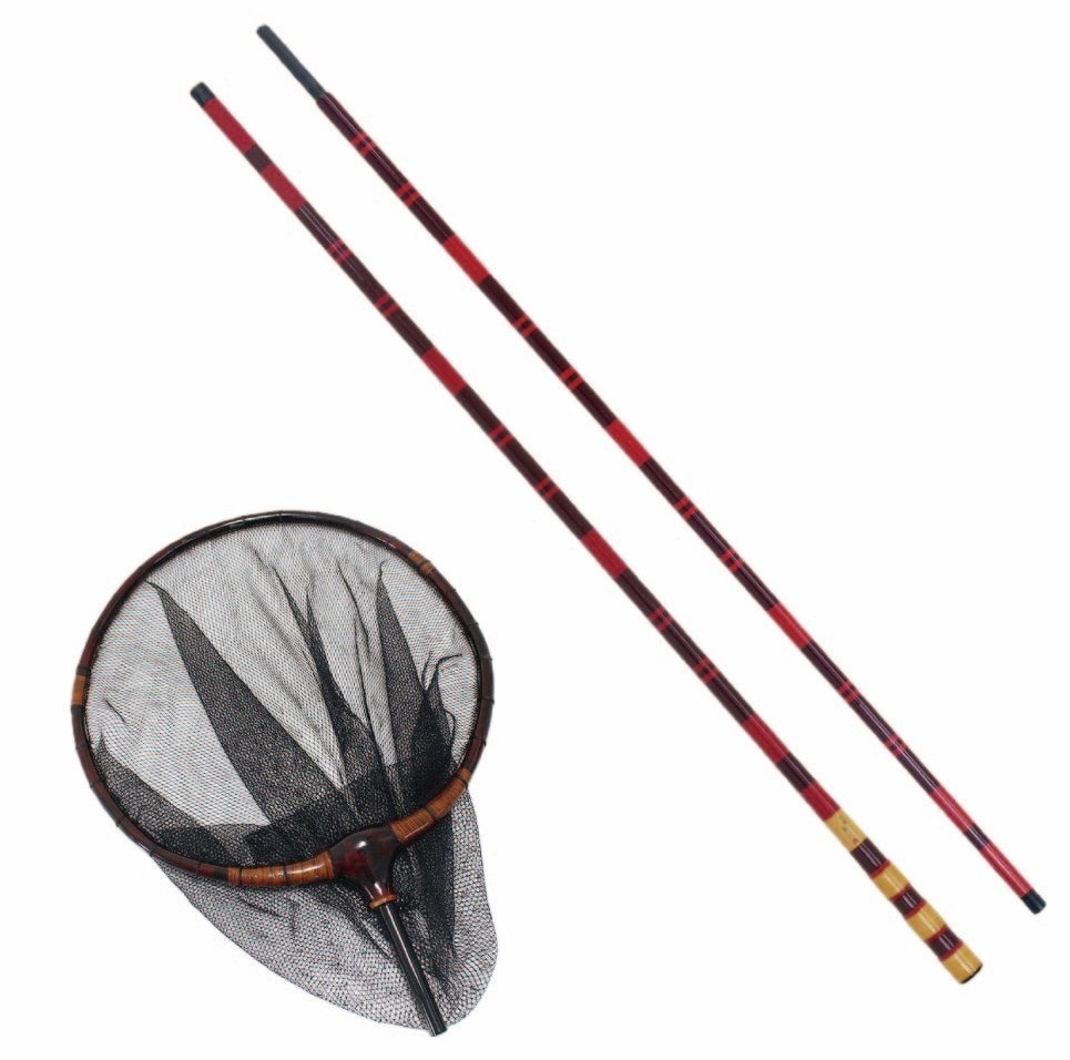 無心燦 根節 玉の柄二本物＆朱塗 籐巻き加工木製ヘラ玉網 尺/3mm目 黒