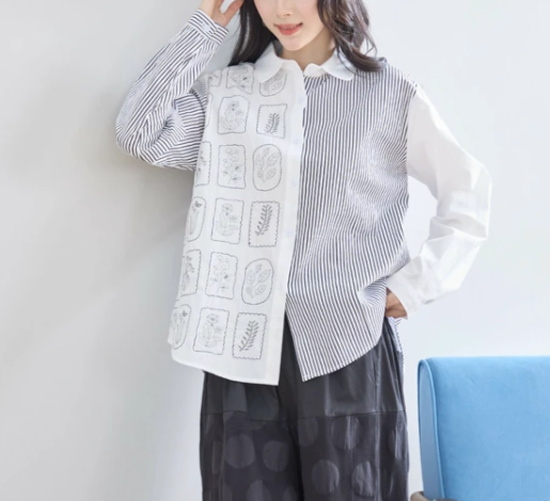 シャツ ブラウス 羽織 刺繍 ストライプ 長袖 レディース ミセス シニア