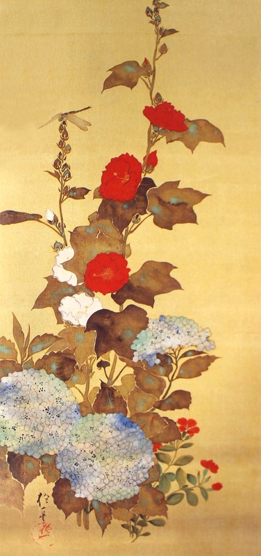 27.十二ヶ月花鳥図(六月立葵紫陽花に蜻蛉図)