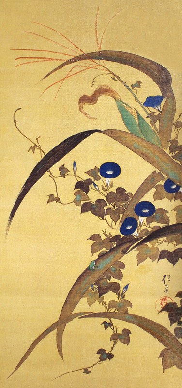 28.十二ヶ月花鳥図(七月玉葡蜀黍朝顔に青蛙図)