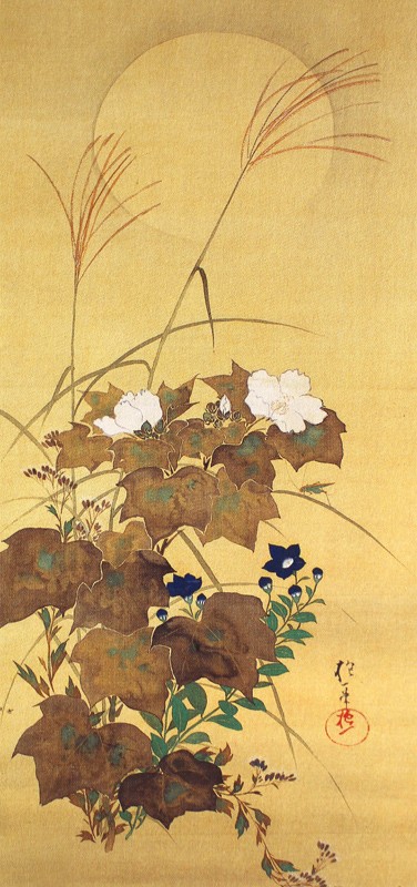 30.十二ヶ月花鳥図(八月秋草に螽斯図)