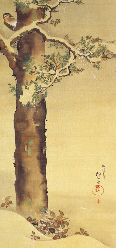 35.十二ヶ月花鳥図(十二月檜に啄木鳥図)