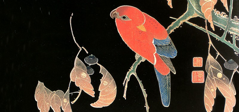 70.花鳥版画(六枚)　二.櫟に鸚哥図