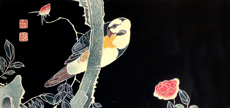 71.花鳥版画(六枚)　三.薔薇に鸚哥図