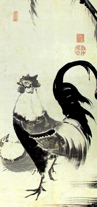 75.柳下双鶏図(双幅)