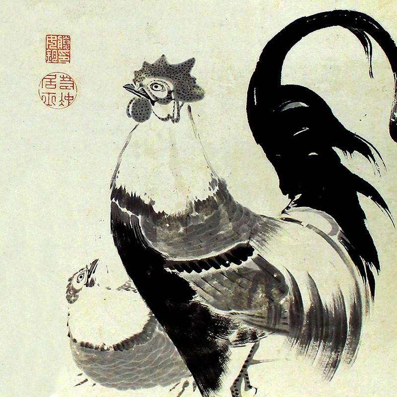 63.柳下双鶏図(双幅)