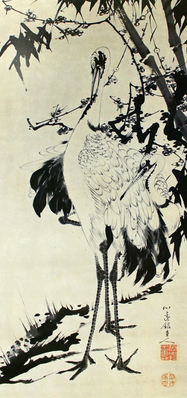 77.竹梅群鶴図1(双幅)