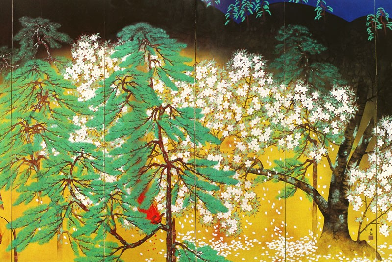 【O9-53-6】屏風 西陣極細織姫屏風 大観夜桜 京都 証明書付き Amazon.co.jp: 横山大観『夜桜』(左隻) 彩美版・シルク