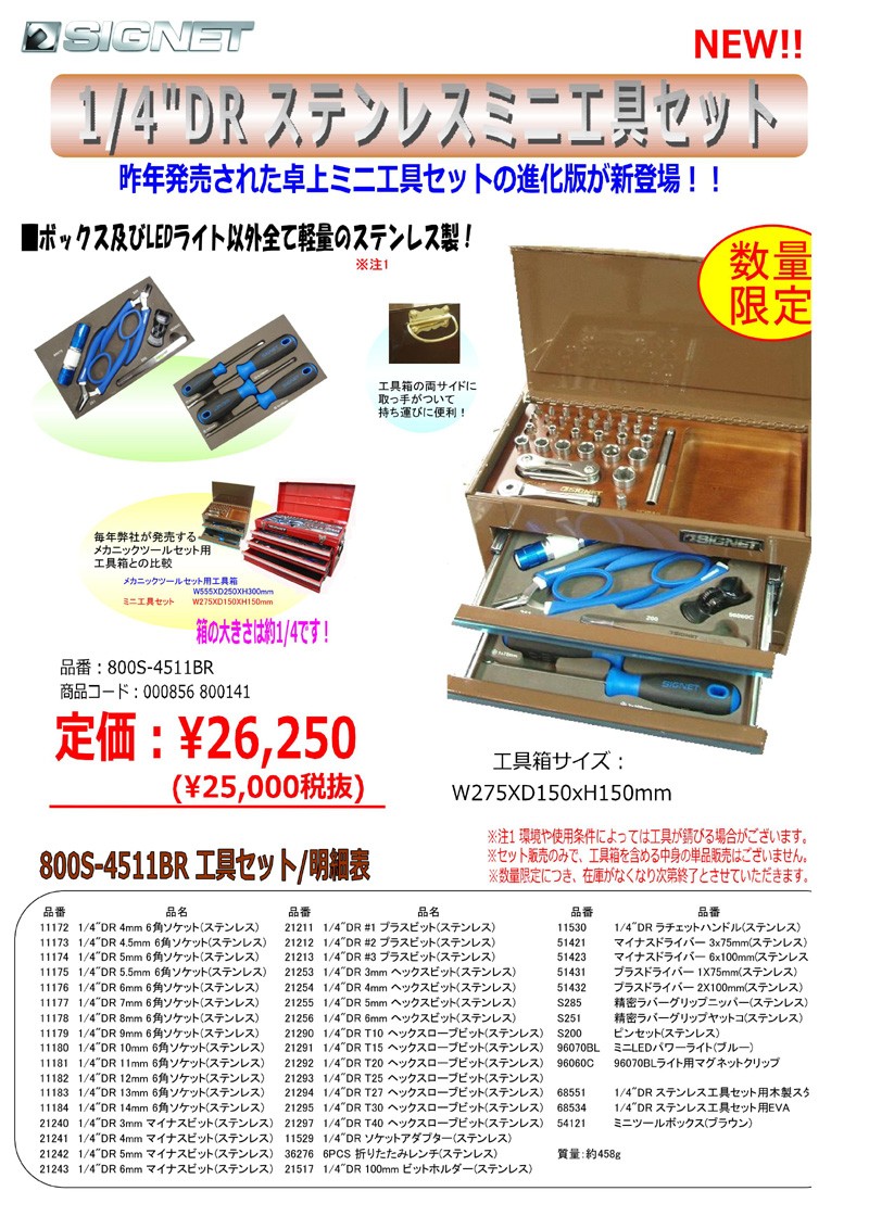 シグネット/SIGNET 1/4sqステンミニ工具セット 45点組 800S-4511BR