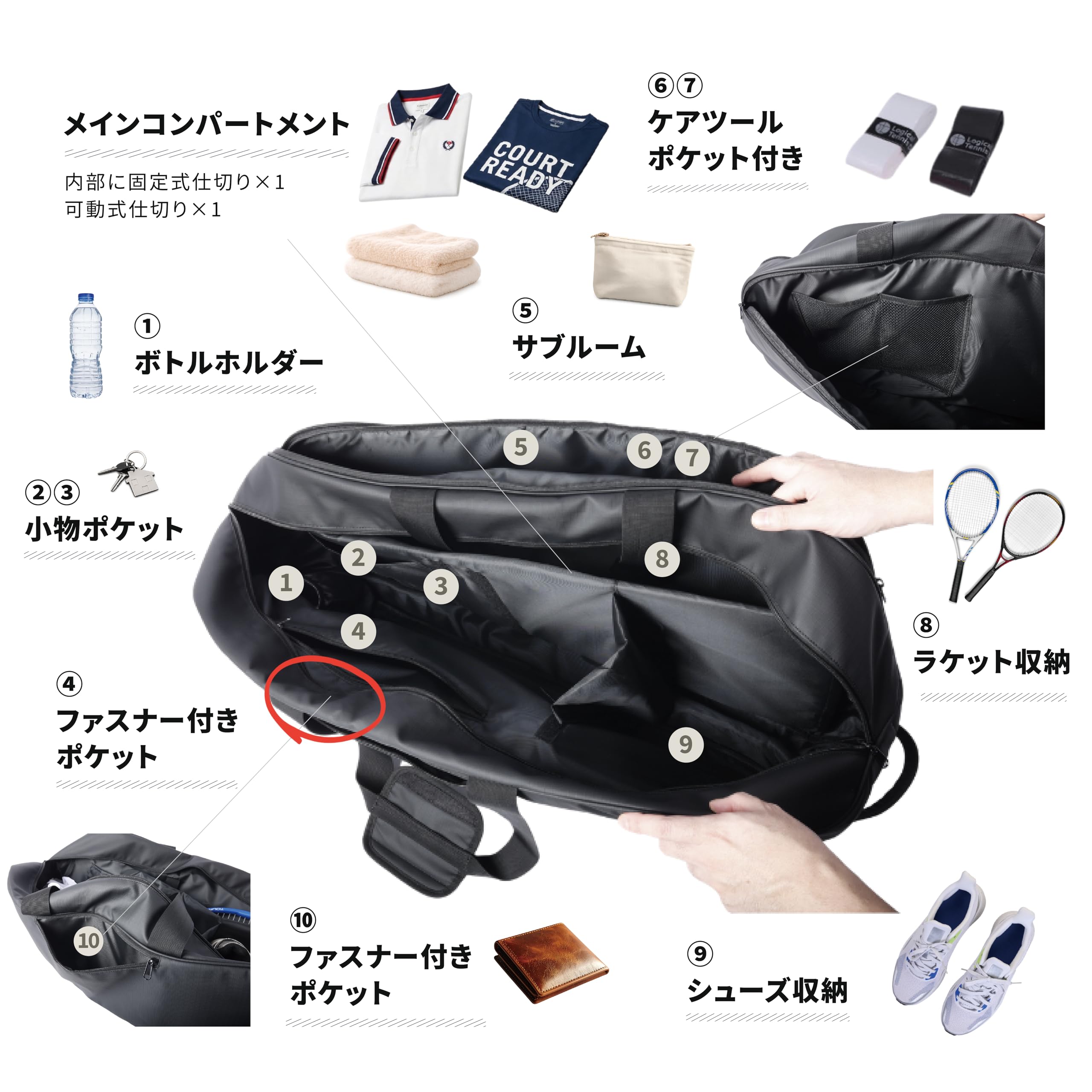 ヨネックス　 バックパック　ラケットバッグ　ブラック　シューズ収納 テニス ラケットバッグ トーナメントバッグ 大容量 ラケット2本
