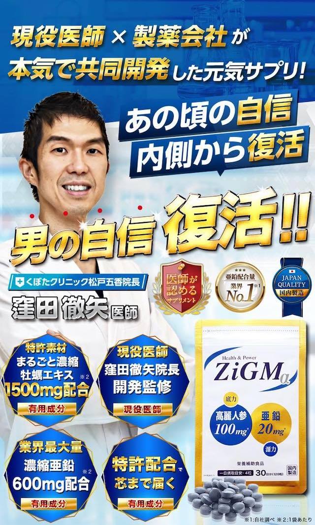 ZiGMα（ジグムアルファ）3袋（360粒/90日分）亜鉛600mg最高配合　活力サプリ　亜鉛サプリメント