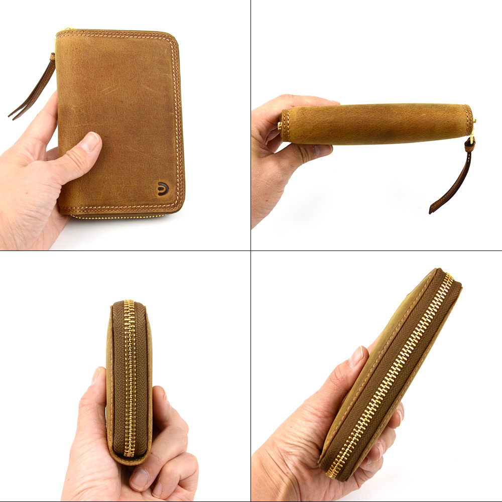 二つ折り財布 ミドルウォレット ラウンドファスナー クーズー 本革