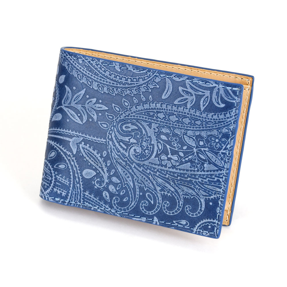 財布 メンズ 二つ折り 藍染め ペイズリー 本革 KOI インディゴ レザー 型押し 本革 コーアイ 藍色 紺色 ネイビー