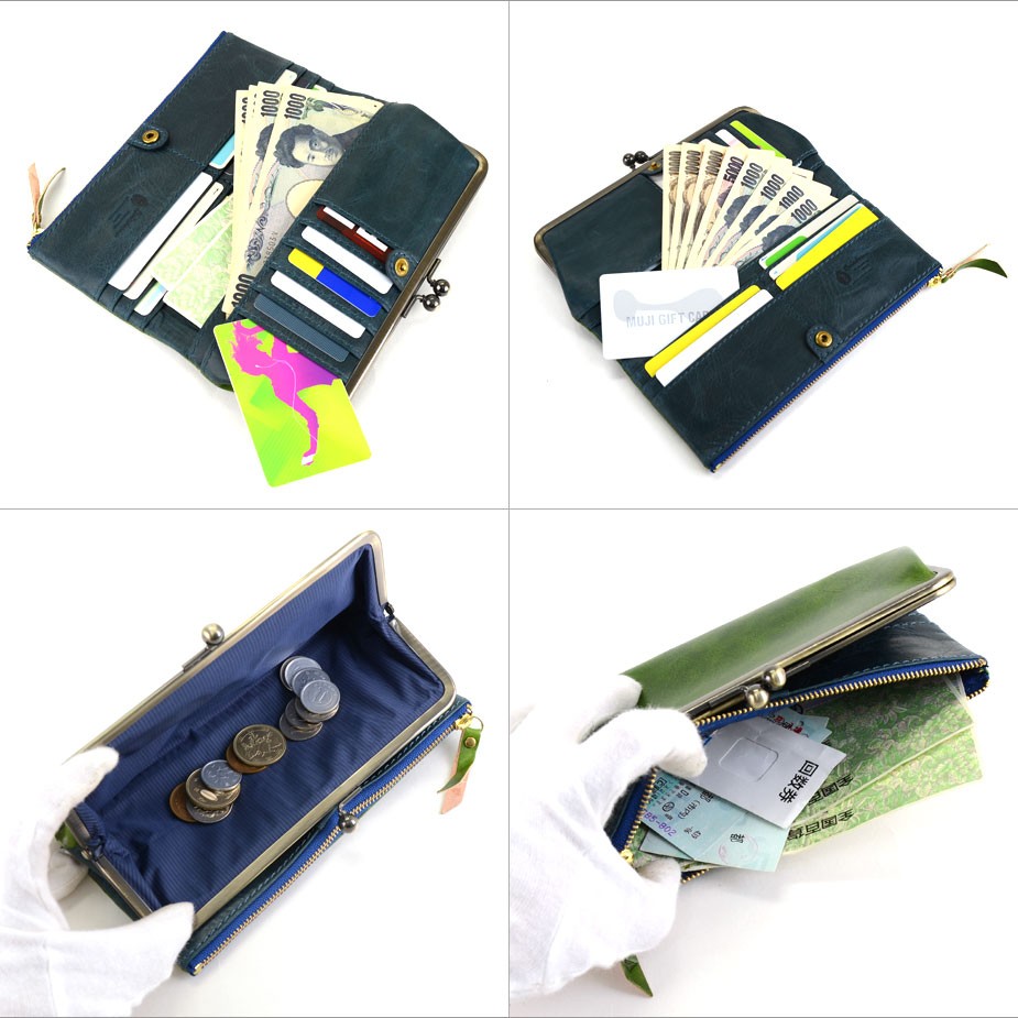 がま口財布 長財布 二つ折り Cuirdeson イタリアンレザー マリン