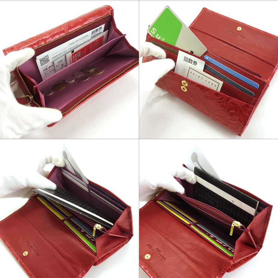 長財布 フラップ かぶせ バラ 花柄 エナメル 型押しレザー 大容量