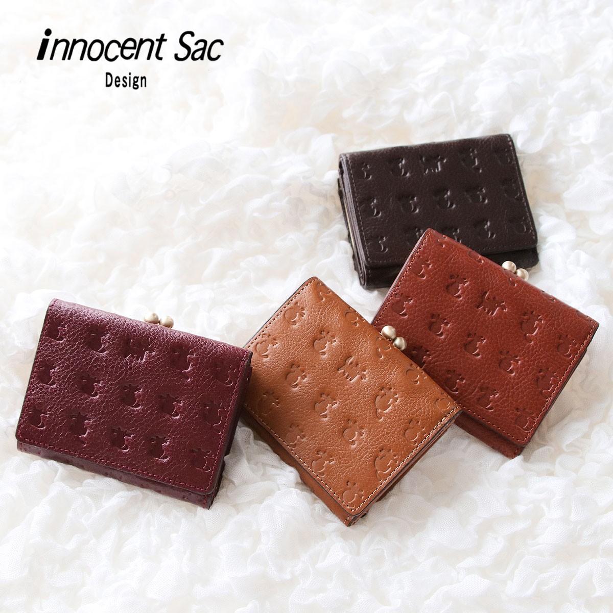 三つ折り財布 がま口財布 コンパクトウォレット ミニ財布 型押し 猫柄