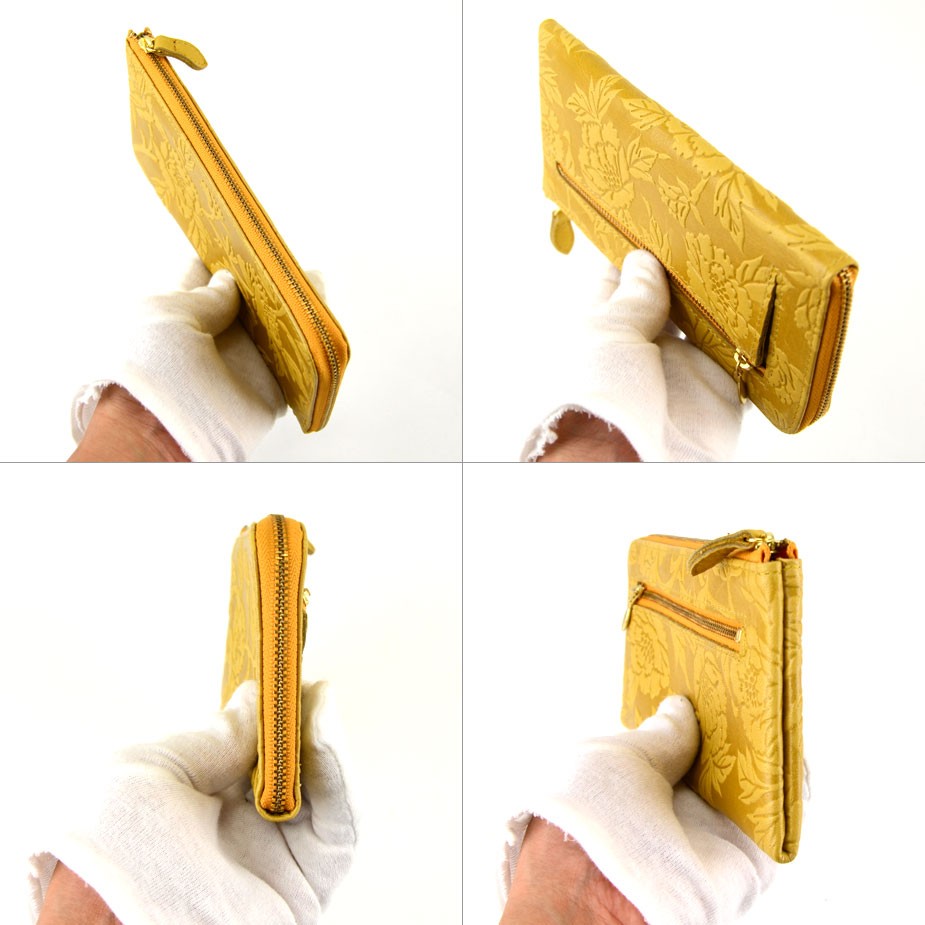 長財布 L字ファスナー 花柄 型押しレザー パール加工 ソフトレザー