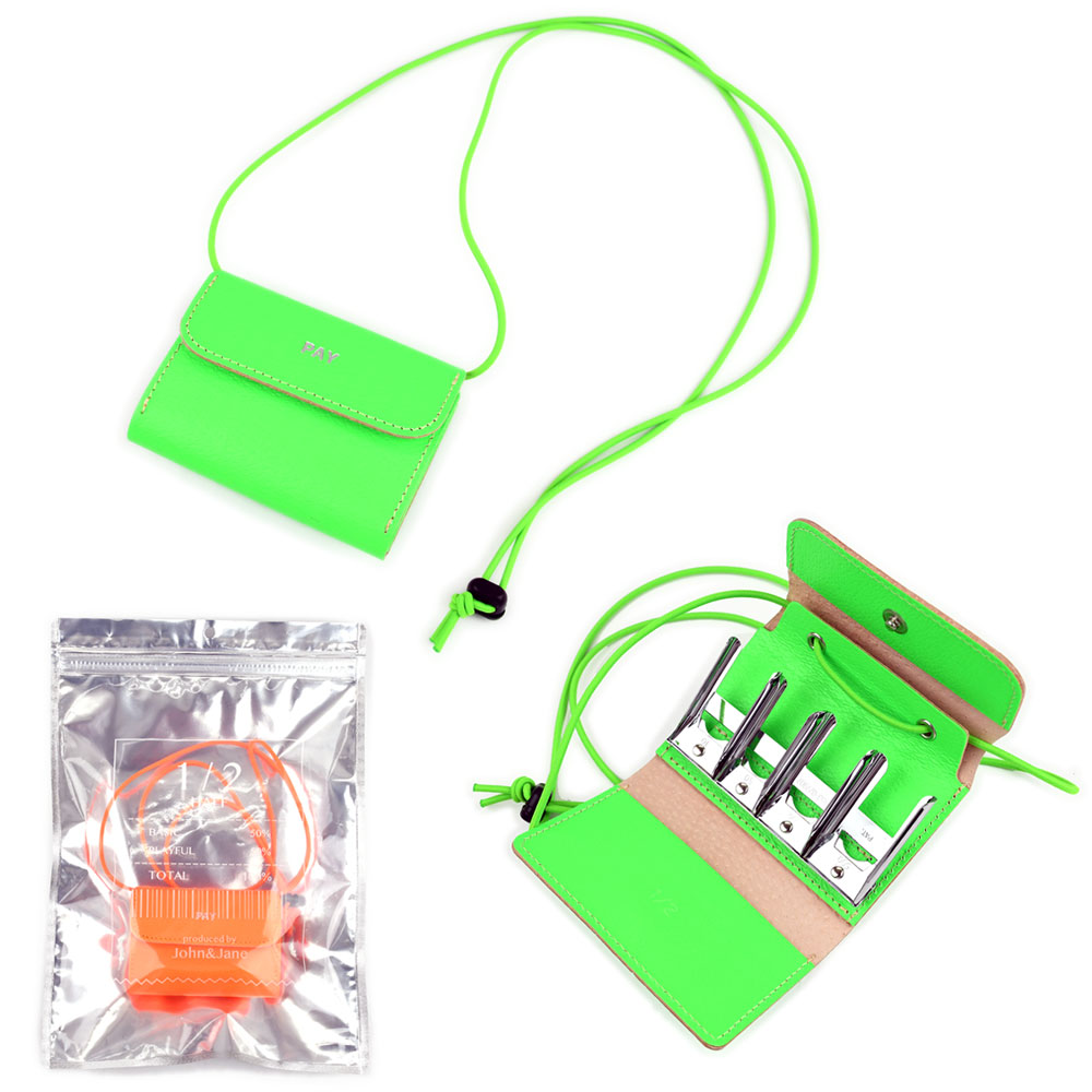 1/2 HALF ミニ財布 蛍光レザー コインクリップ付き ネックウォレット