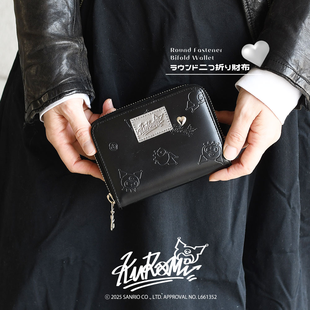 新品 財布 レディース 二つ折り ラウンド クロミ サンリオ 公式品 本革BK 財布 レディース 二つ折り ラウンド Kuromi ブランド クロミ 本