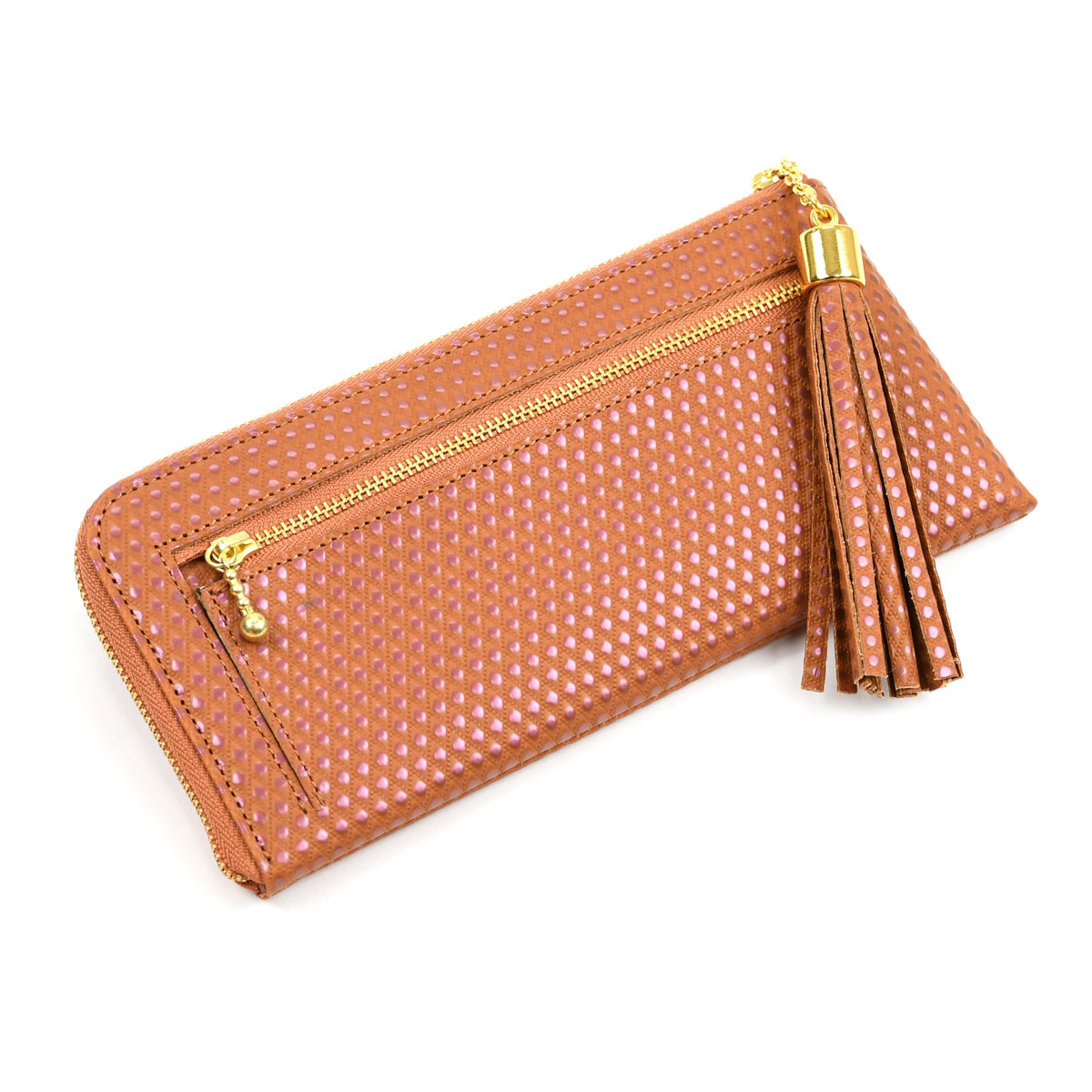 タッセルウォレット ひし形 型押しレザー ORANGE 日本製 長財布 L字ファスナー 外ポケット付き 外側 小銭入れ 本革 財布 レディース 革 レザー 薄い 薄型 使いやすい YKK 長サイフ ロングウォレット Tassel Wallet タッセル チャーム 送料無料 NNW01 オレンジ タッセルウォレット ひし形 型押しレザー ORANGE 日本製 長財布 L字