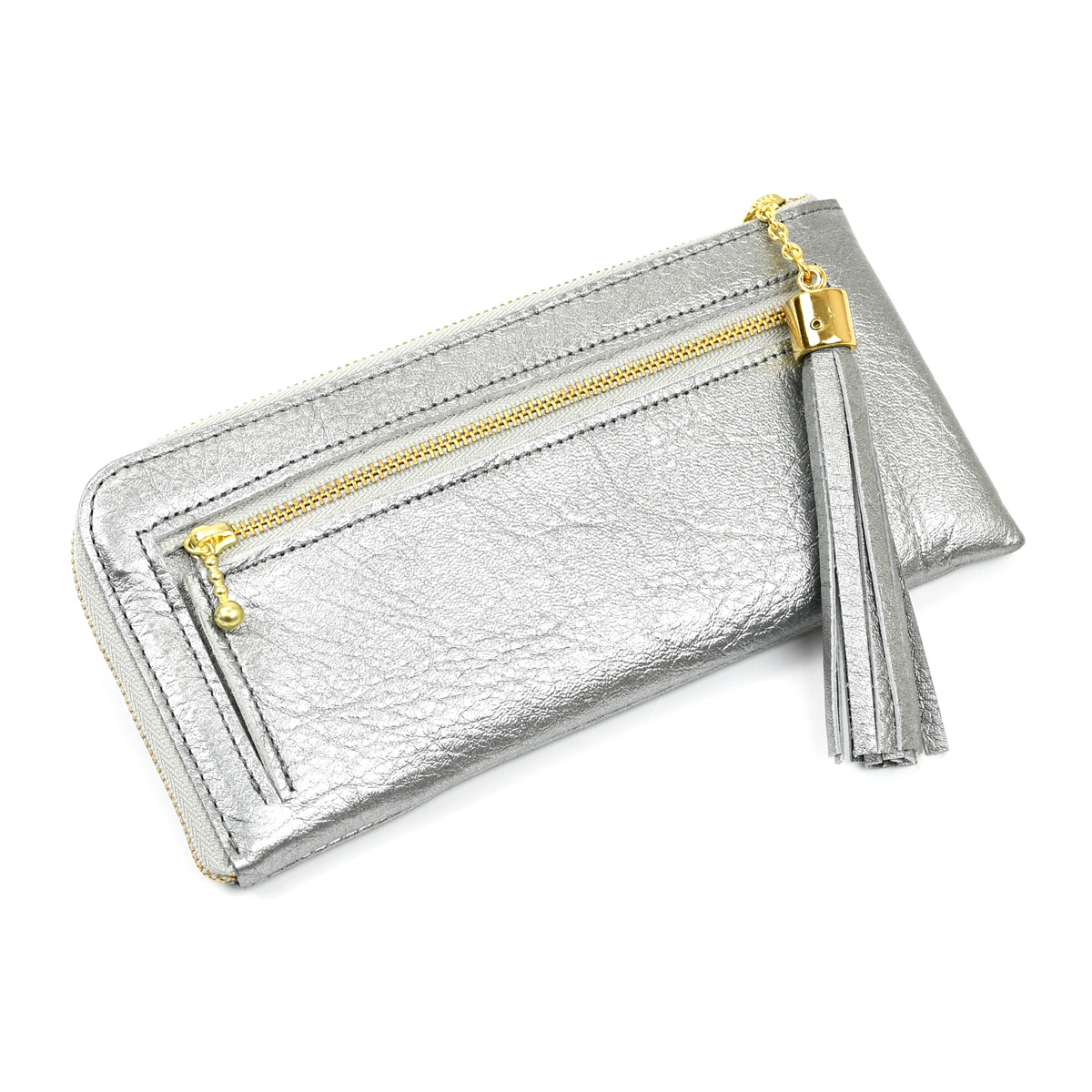 タッセルウォレット メタリックレザー SILVER 日本製 長財布 L字 