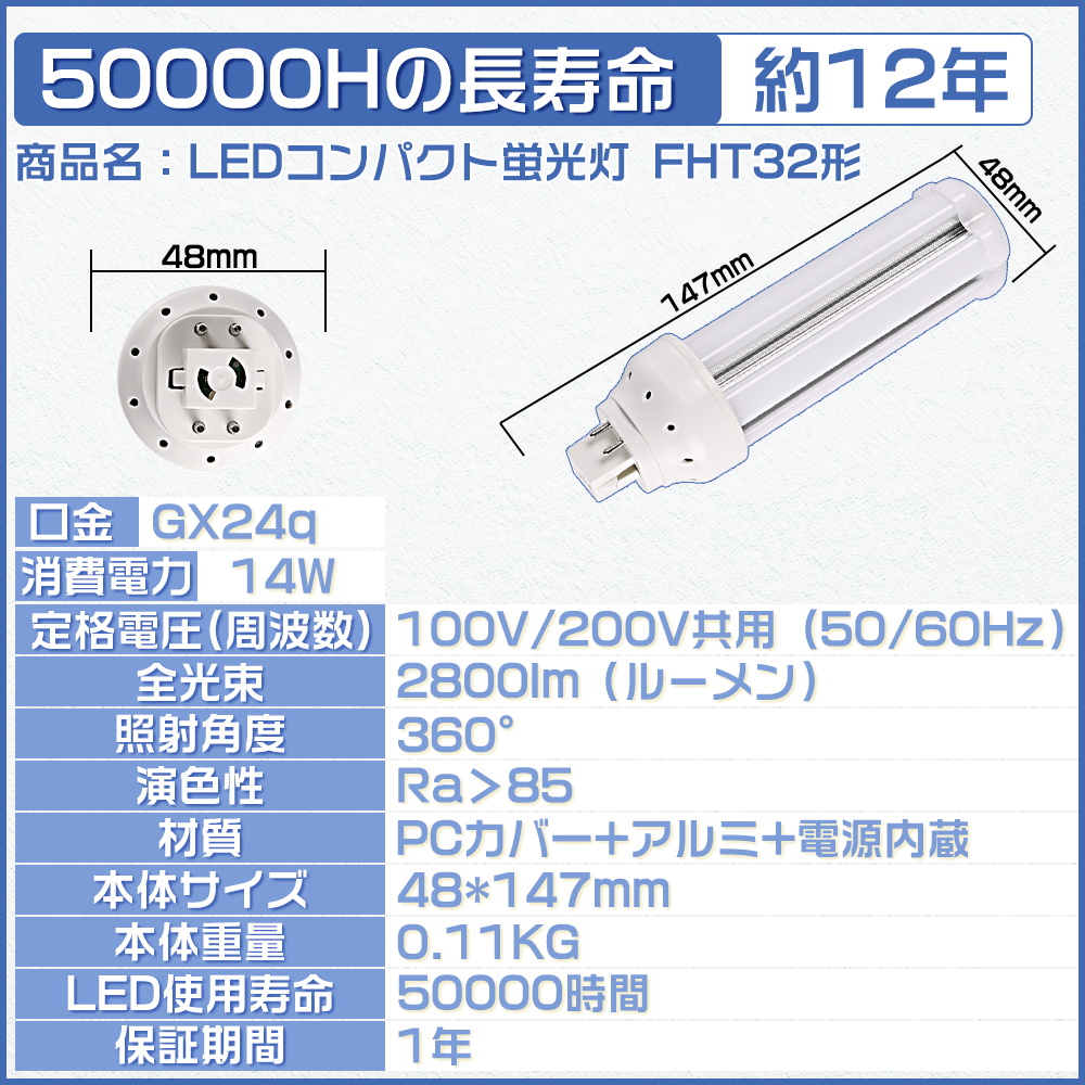 【10本セット】ツイン蛍光灯 ledに交換 fht32ex fht32exl fht32exn fht32形 led コンパクト蛍光灯 32W形 3波長形 14w 口金GX24Q led電球 PSE認証 配線工事必要｜osakanumberone｜06