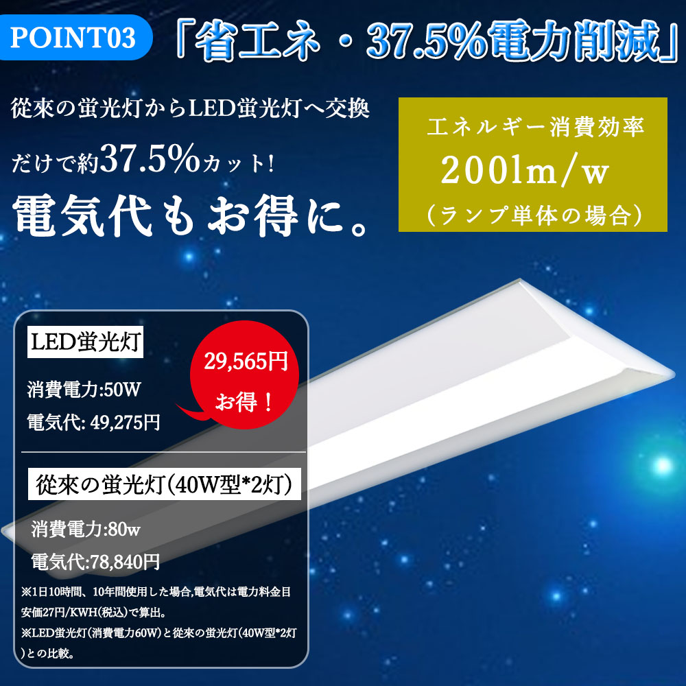 逆富士形 従来天井直付 40形×2灯相当 一体型 LED蛍光灯40w形 直管 代替 器具一体形 施設照明長さ1250ｍｍ 50W 高輝度10000LM【2年保証】50000H 電球色3000K｜osakanumberone｜06