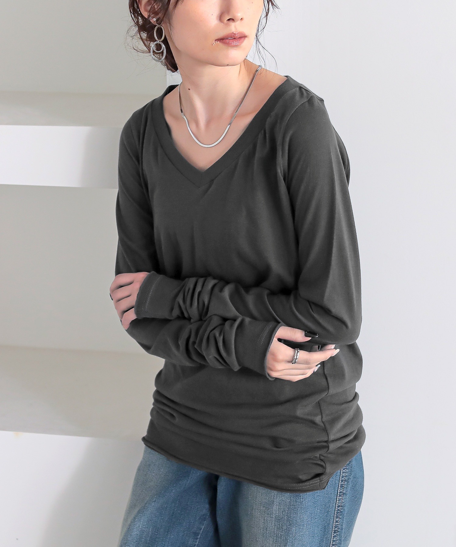 ロンT Tシャツ カットソー レディース トップス 長袖 Vネック 綿100％ 日本製 秋 冬 春 シンプルロンTシリーズ 「メール便可」「5」 | osharewalker | 12