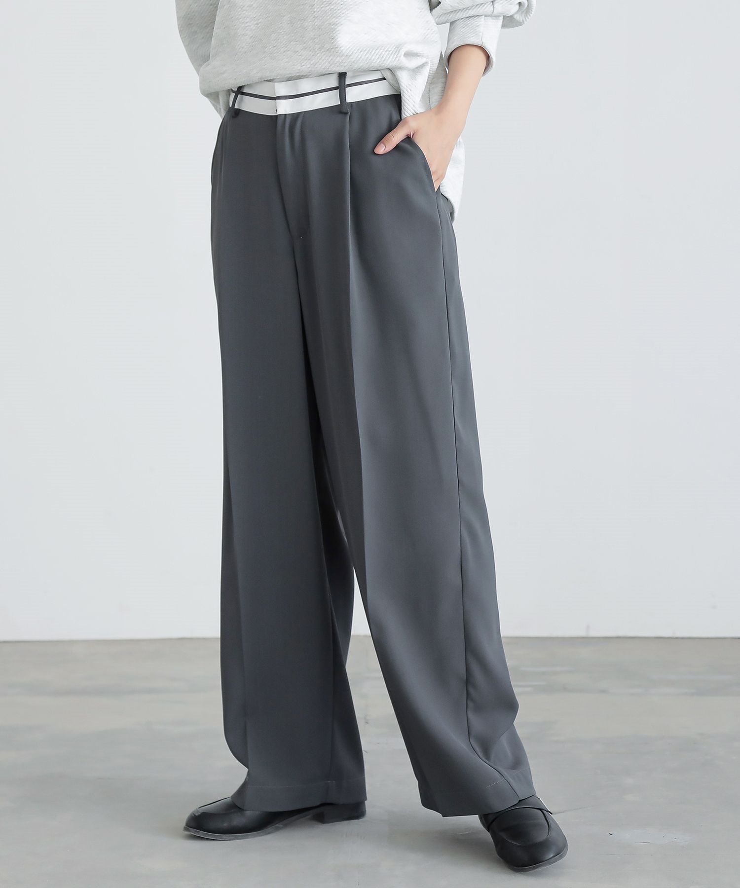【美品 レディースファッション】パンツ ボトムス ズボン レッスンウェア グレー osharewalker パンツ レディース ボトムス ワイド スラックス 長