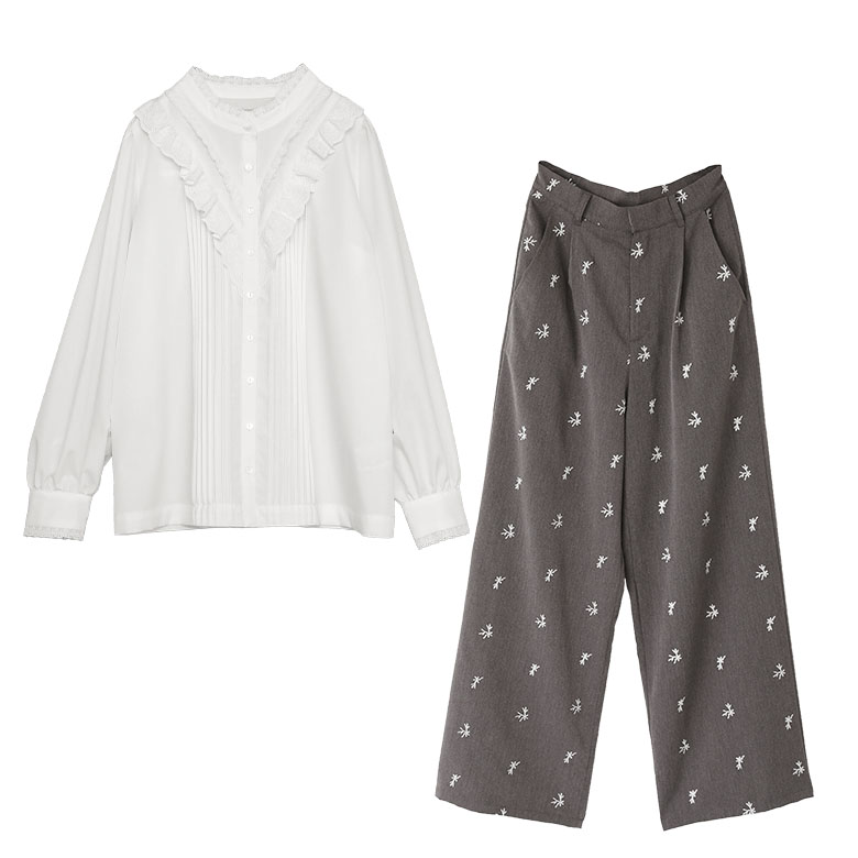 2点コーデセット 2026 レディース ブラウス 長袖 シャツ レース バンドカラー パンツ スラックス ワイドパンツ ストレート 花柄 刺繍「メール便不可」「20」 | osharewalker | 01