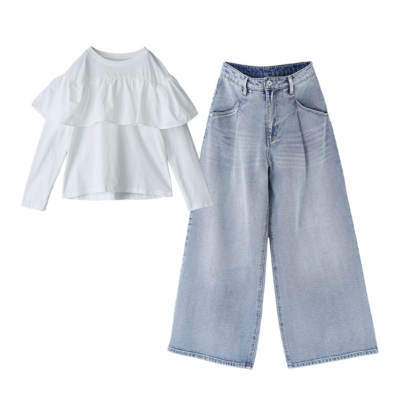 2点コーデセット 2026 レディース カットトップス 長袖カット カットソー フリル 長袖 パンツ ボトムス デニム ジーンズ 長ズボン 「メール便不可」「40」 | osharewalker | 01