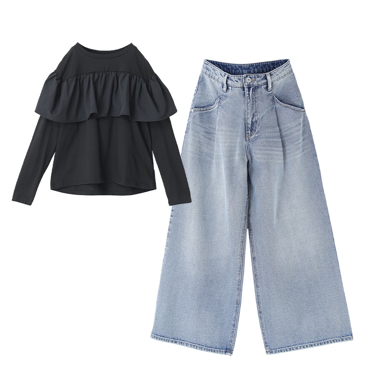 2点コーデセット 2026 レディース カットトップス 長袖カット カットソー フリル 長袖 パンツ ボトムス デニム ジーンズ 長ズボン 「メール便不可」「40」 | osharewalker | 02