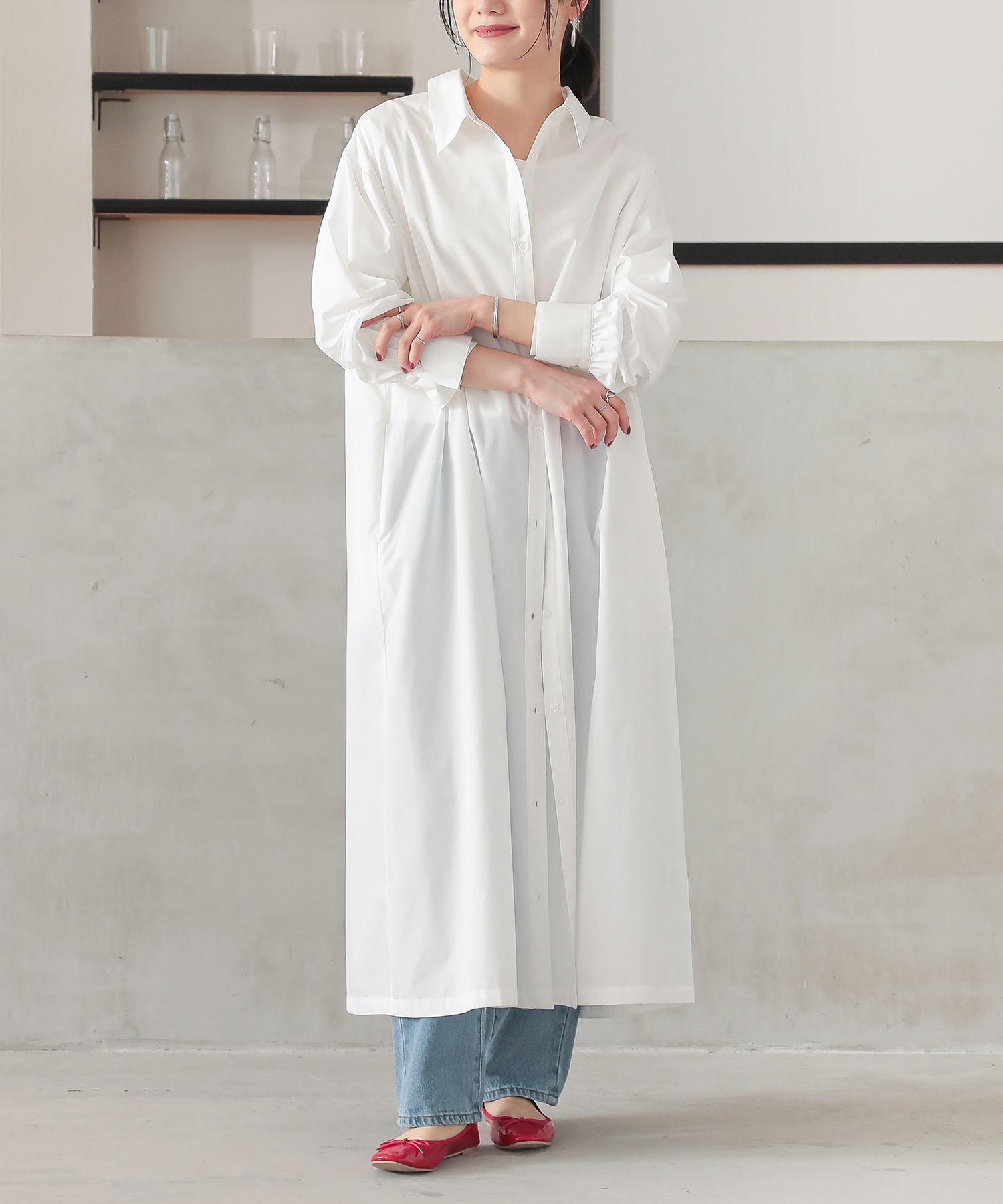 HYKE アイボリー 長袖シャツワンピース KOEISTORE ロングシャツ レディース 春 夏 春夏 白 黒 シャツ