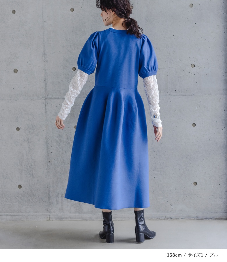 ワンピース レディース ドレス 半袖 ロング丈 ミモレ丈 ニットワンピ スポンジニット パフスリーブ 40代 きれいめ「メール便不可」「30」 | osharewalker | 06
