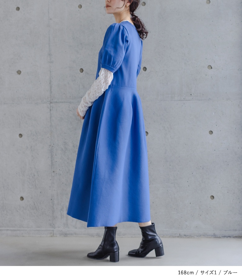 ワンピース レディース ドレス 半袖 ロング丈 ミモレ丈 ニットワンピ スポンジニット パフスリーブ 40代 きれいめ「メール便不可」「30」 | osharewalker | 07