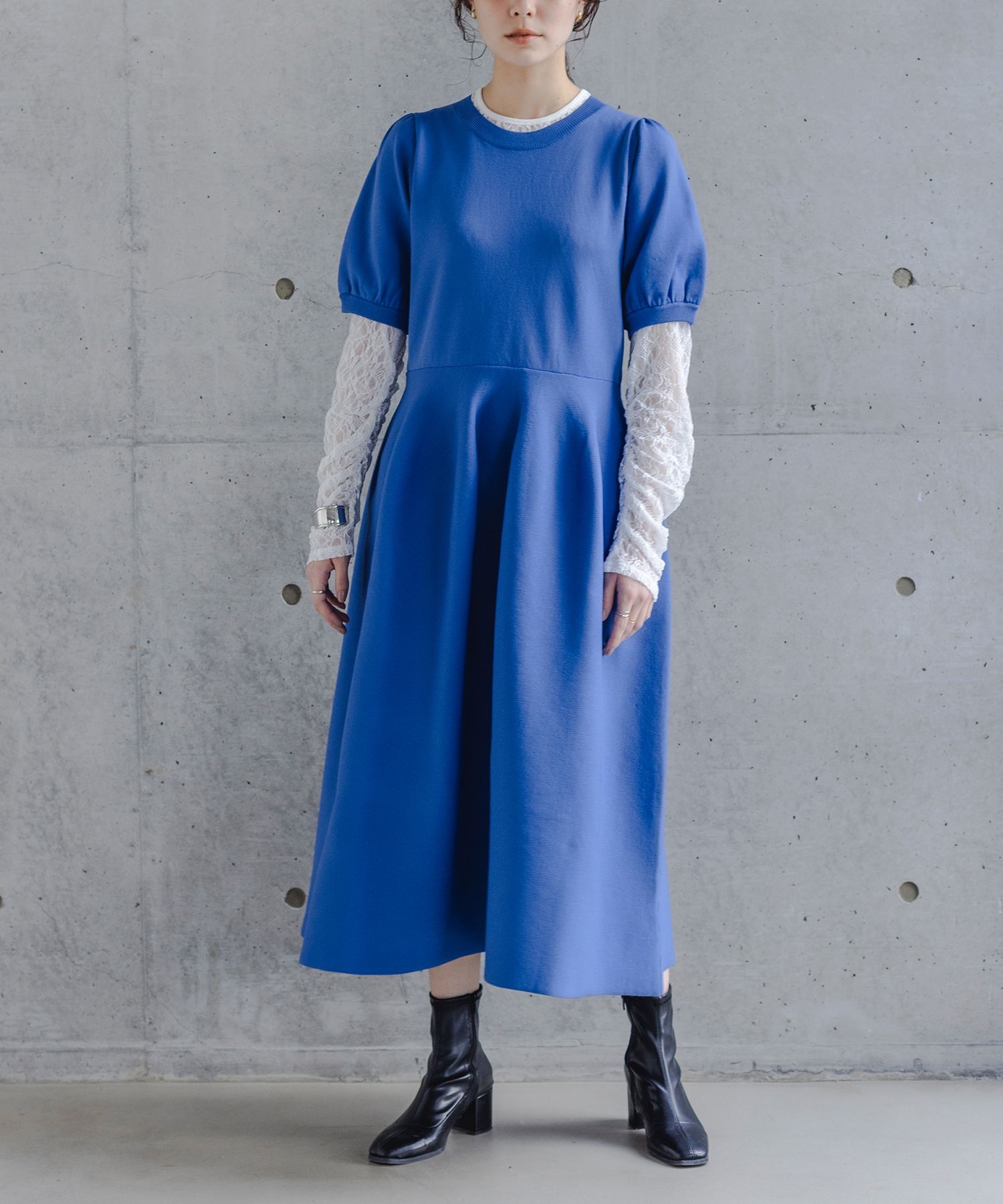 ワンピース レディース ドレス 半袖 ロング丈 ミモレ丈 ニットワンピ スポンジニット パフスリーブ 40代 きれいめ「メール便不可」「30」 | osharewalker | 01