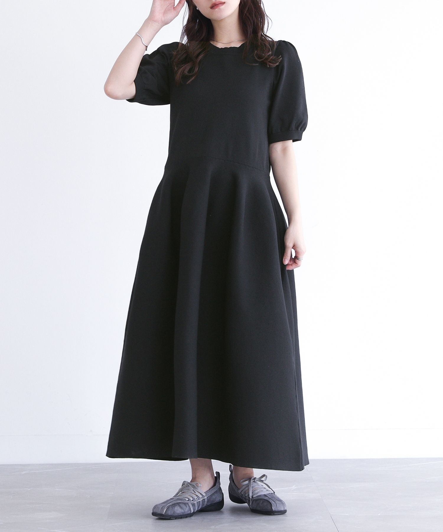 ワンピース レディース ドレス 半袖 ロング丈 ミモレ丈 ニットワンピ スポンジニット パフスリーブ 40代 きれいめ「メール便不可」「30」 | osharewalker | 02