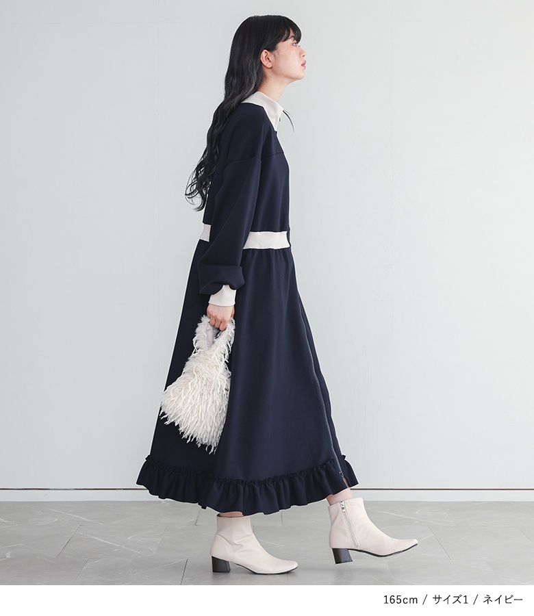 ワンピース 長袖 レディース カットワンピース ロング丈 ハイネック フリル ダンボールニット生地 レイヤード 配色 40代 春 秋「メール便不可」「30」 | osharewalker | 07