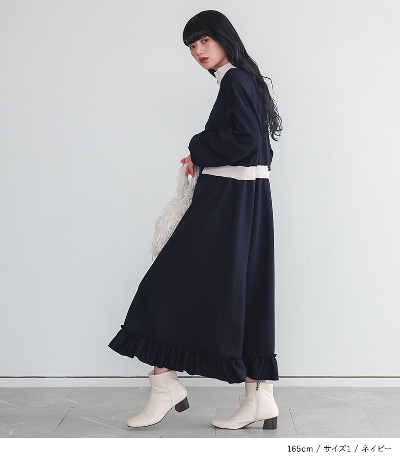 ワンピース 長袖 レディース カットワンピース ロング丈 ハイネック フリル ダンボールニット生地 レイヤード 配色 40代 春 秋「メール便不可」「30」 | osharewalker | 09