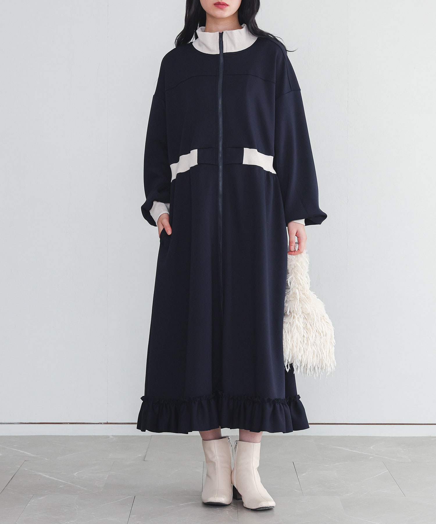 ワンピース 長袖 レディース カットワンピース ロング丈 ハイネック フリル ダンボールニット生地 レイヤード 配色 40代 春 秋「メール便不可」「30」 | osharewalker | 01