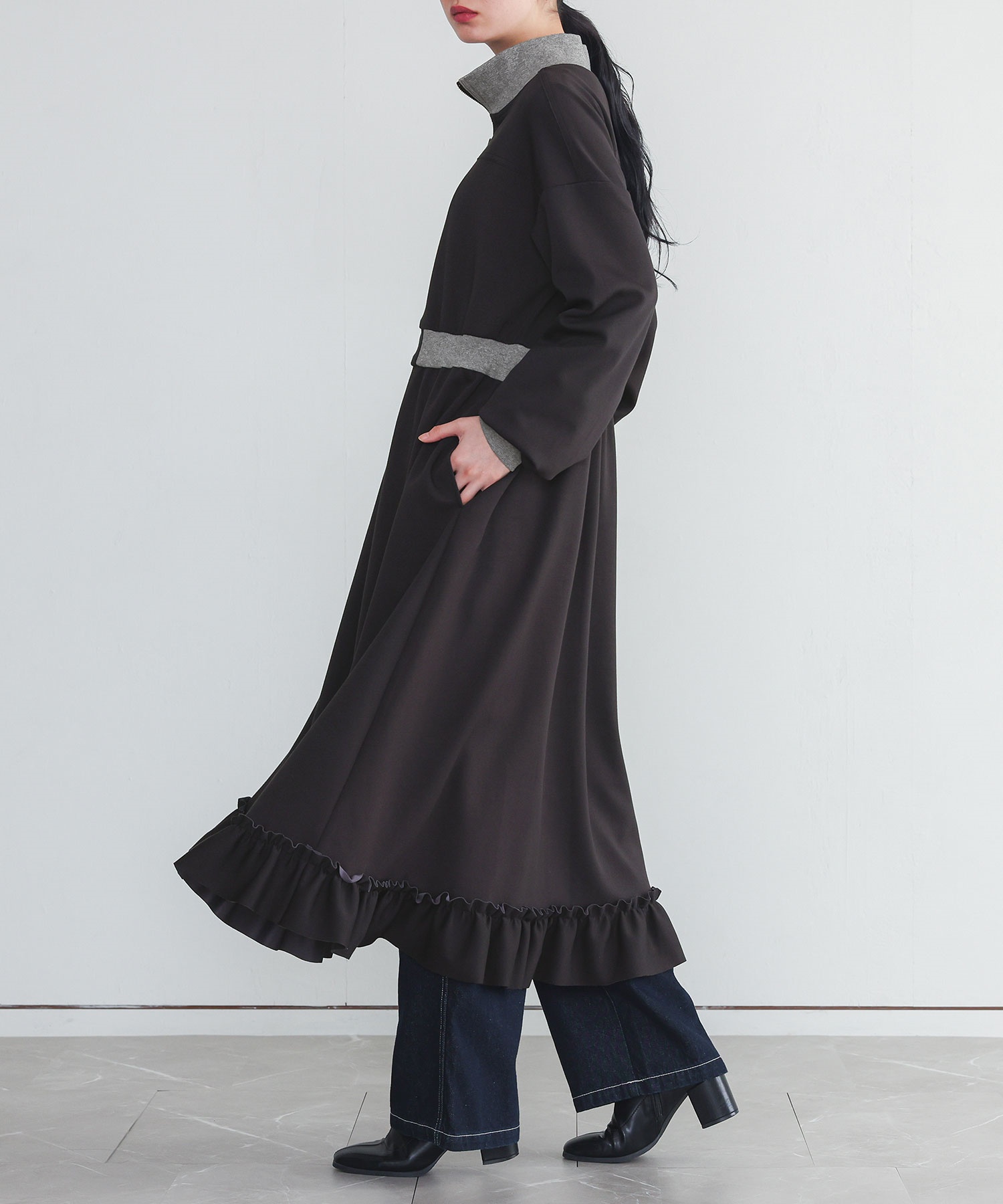 ワンピース 長袖 レディース カットワンピース ロング丈 ハイネック フリル ダンボールニット生地 レイヤード 配色 40代 春 秋「メール便不可」「30」 | osharewalker | 02